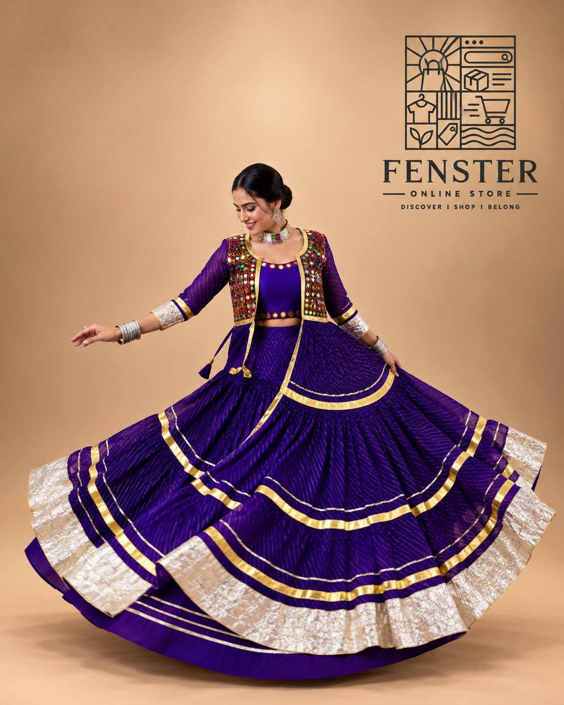 Navratri Blue Chaniya Choli with Mirror Work Koti & Golden Border Work