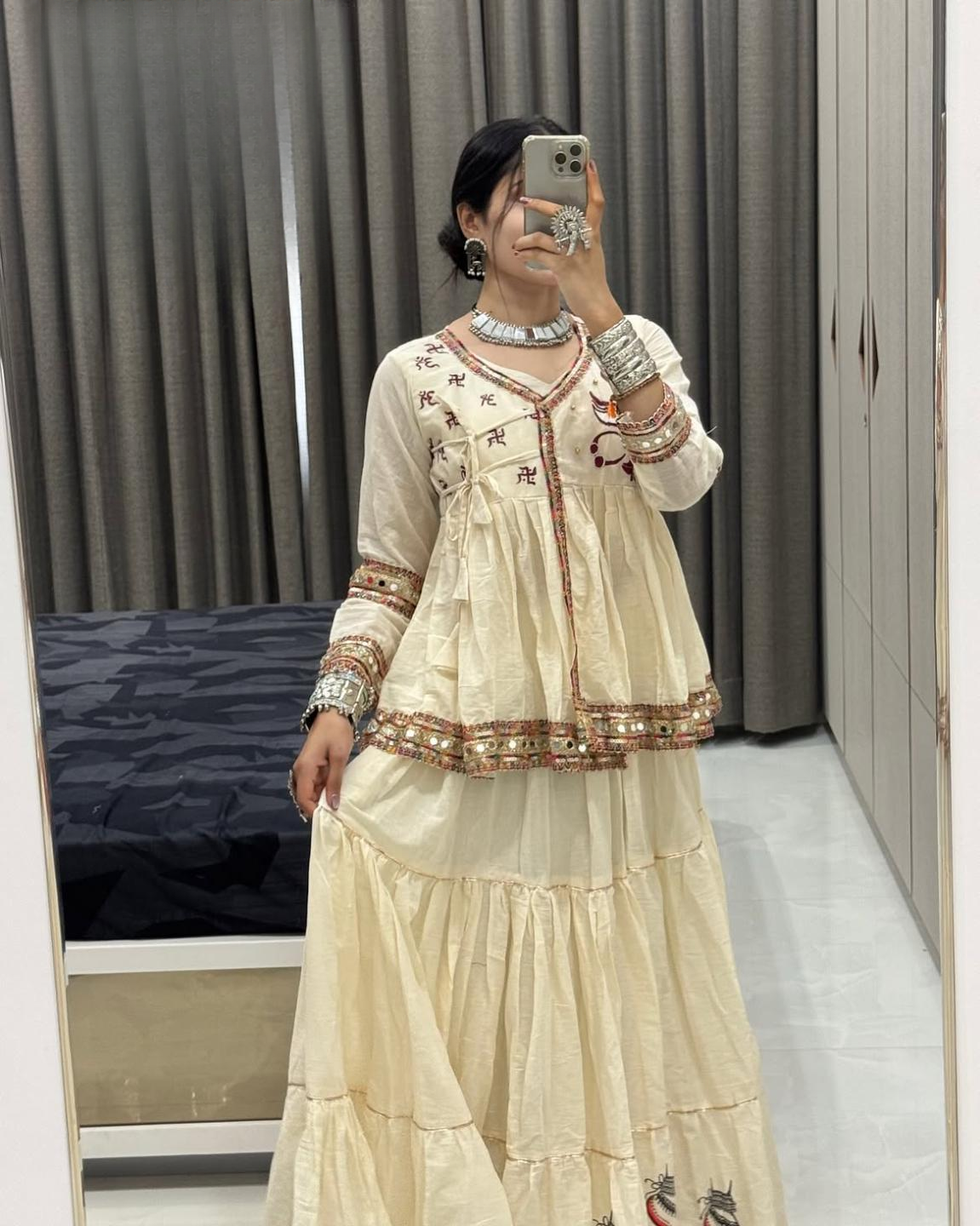 Off-White Kediyu Style Chaniya Choli Set with Maa Handprint & Mirror Laces | Traditional Handprinted Maa Durga Kediyu & Layered Skirt Set