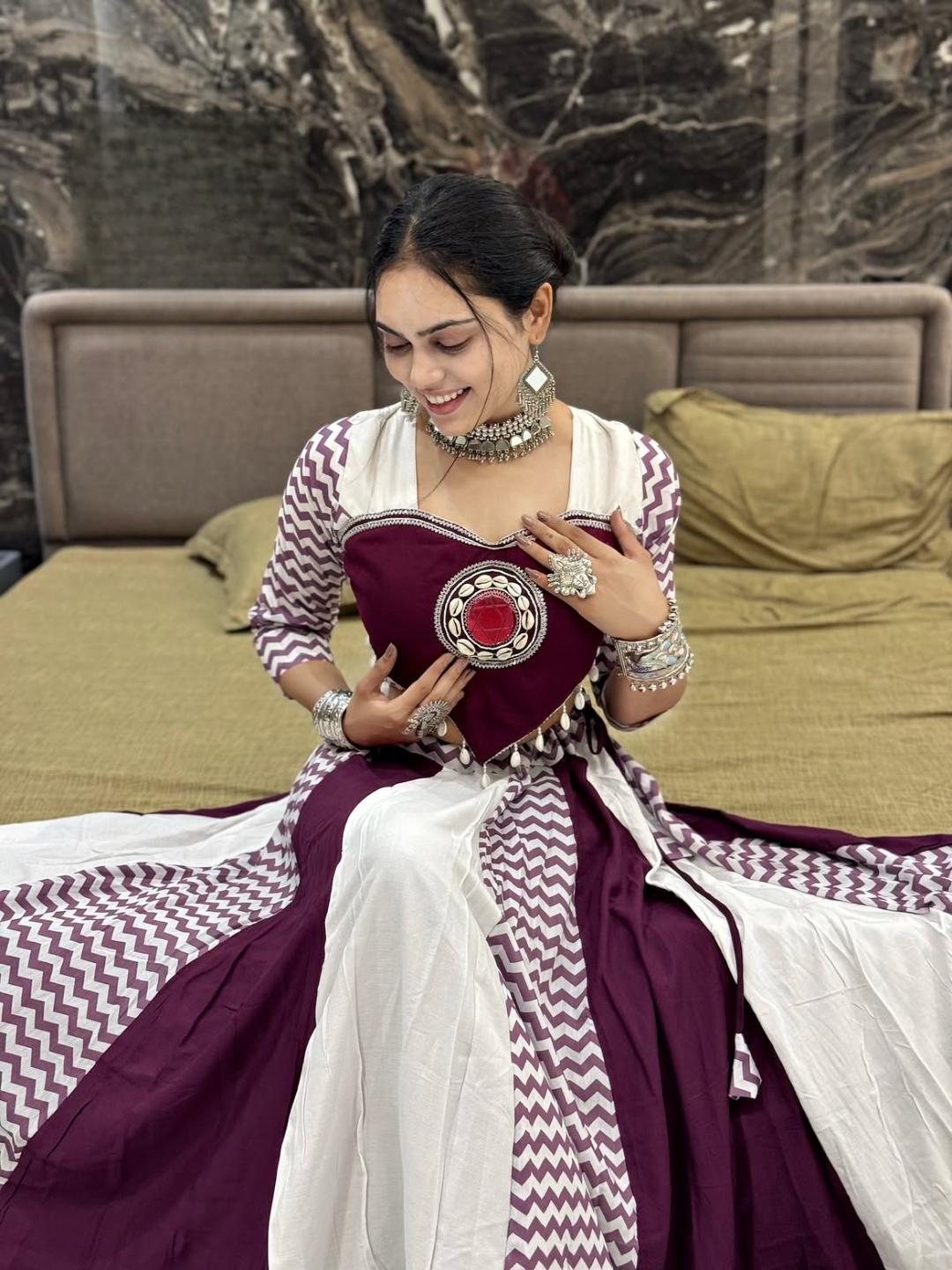 Navratri Special Cotton Chaniya Choli with Kodi & Mirror Work | Traditional Maroon & White Cotton Chaniya Choli Set | Navratri Style Mirror Work Chaniya Choli