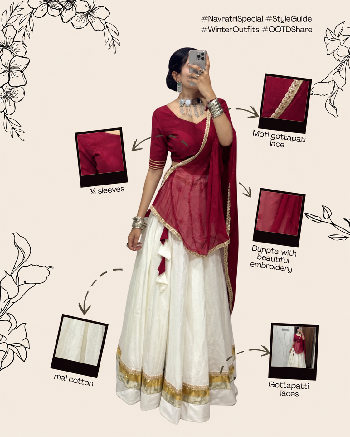Navratri Special Maroon Blouse & White Flared Chaniya Choli Set | Traditional Mal Cotton Chaniya Choli with Embroidered Dupatta