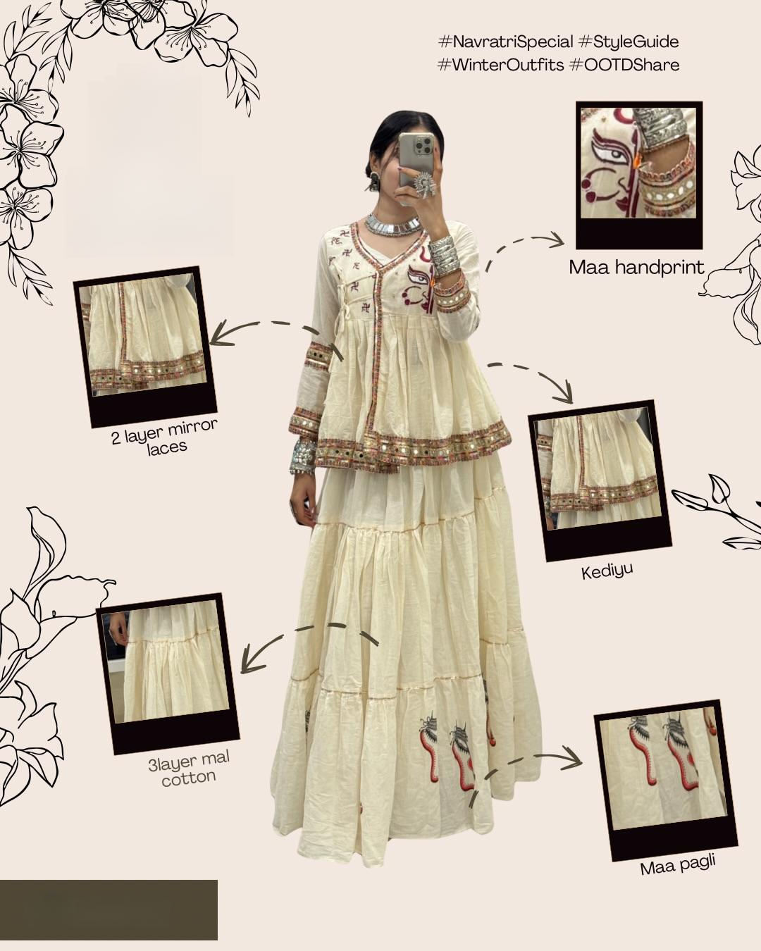 Off-White Kediyu Style Chaniya Choli Set with Maa Handprint & Mirror Laces | Traditional Handprinted Maa Durga Kediyu & Layered Skirt Set