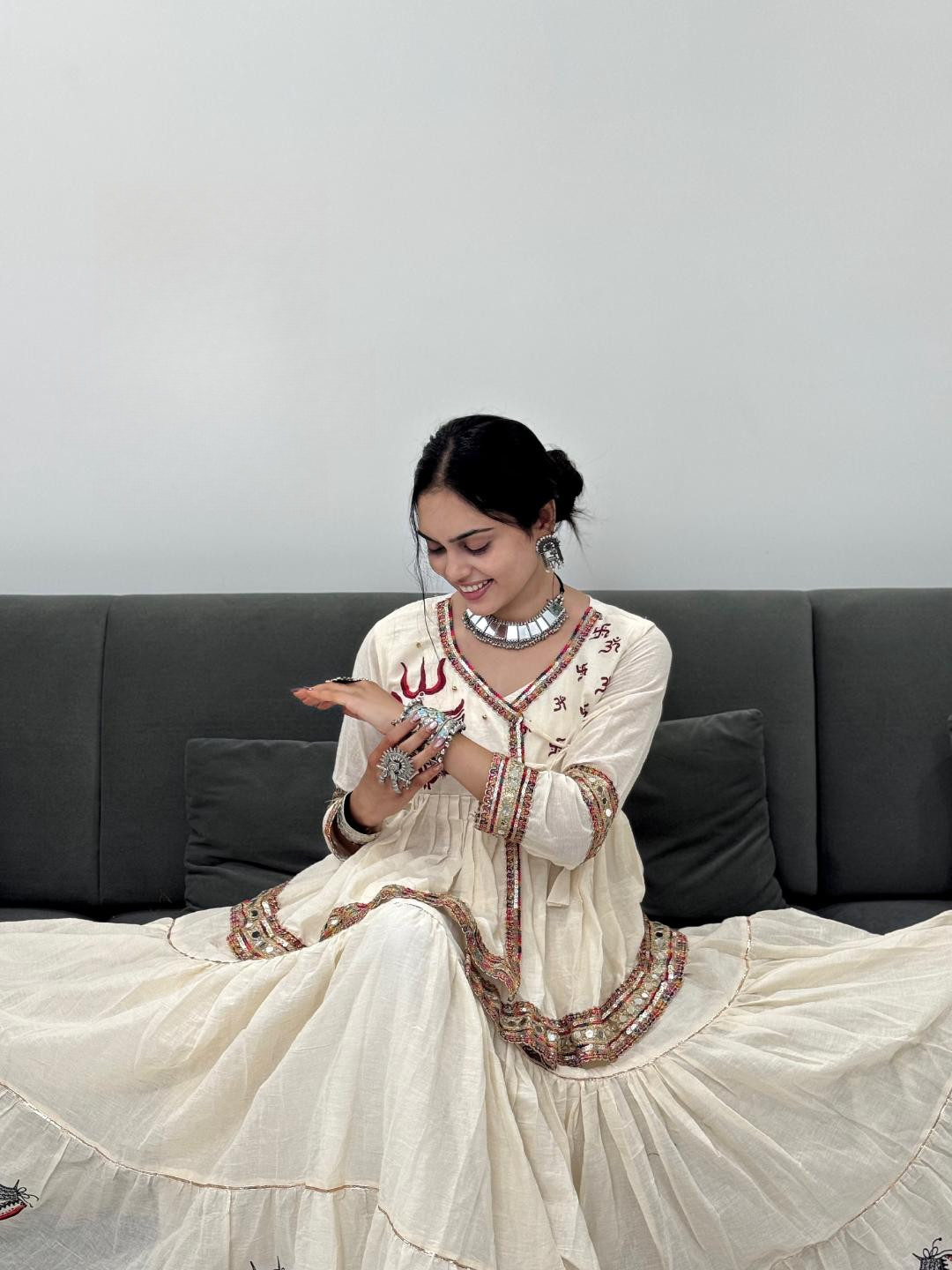 Off-White Kediyu Style Chaniya Choli Set with Maa Handprint & Mirror Laces | Traditional Handprinted Maa Durga Kediyu & Layered Skirt Set
