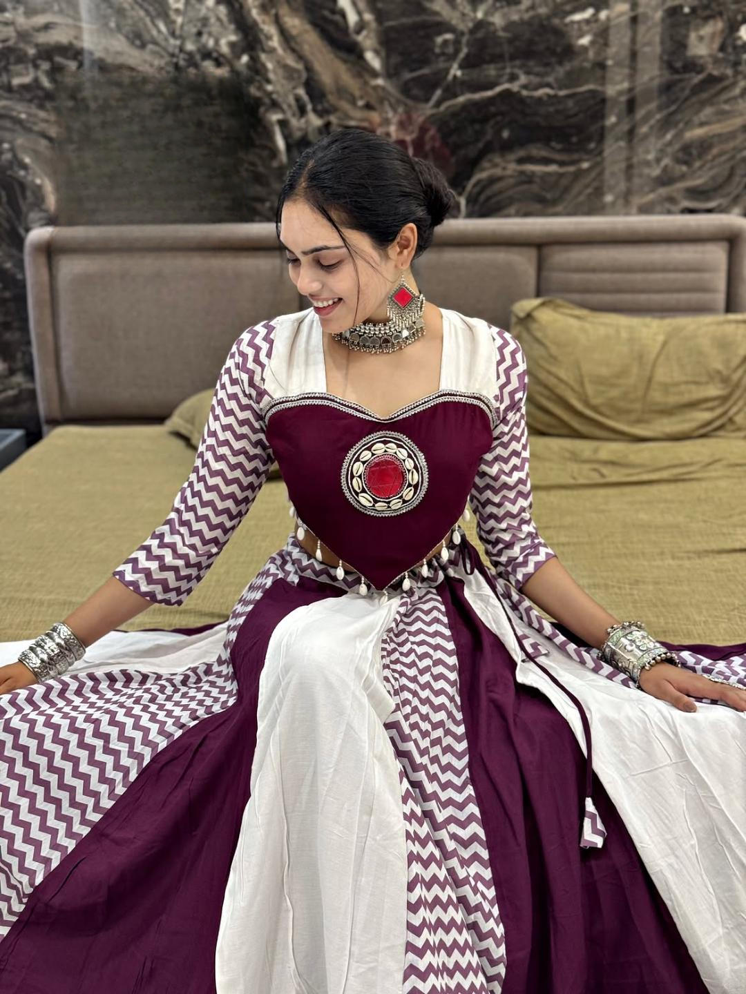 Navratri Special Cotton Chaniya Choli with Kodi & Mirror Work | Traditional Maroon & White Cotton Chaniya Choli Set | Navratri Style Mirror Work Chaniya Choli