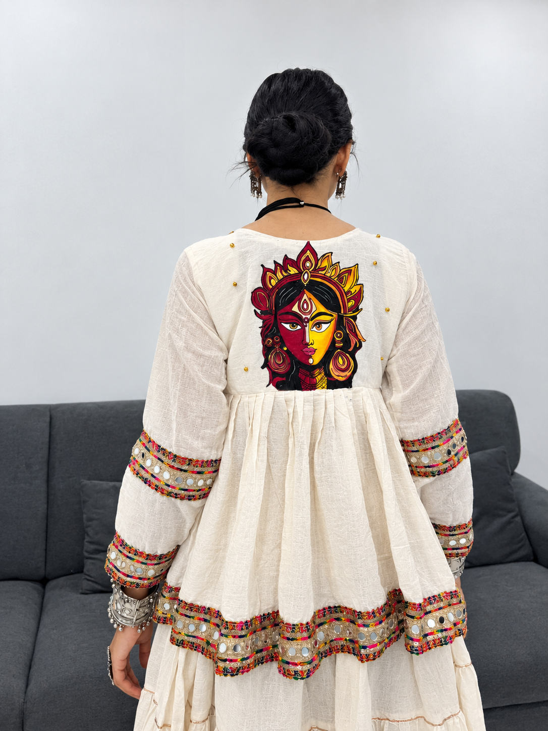 Off-White Kediyu Style Chaniya Choli Set with Maa Handprint & Mirror Laces | Traditional Handprinted Maa Durga Kediyu & Layered Skirt Set