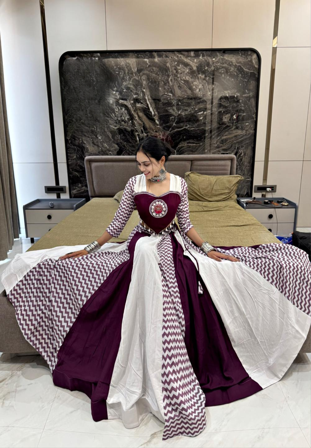 Navratri Special Cotton Chaniya Choli with Kodi & Mirror Work | Traditional Maroon & White Cotton Chaniya Choli Set | Navratri Style Mirror Work Chaniya Choli