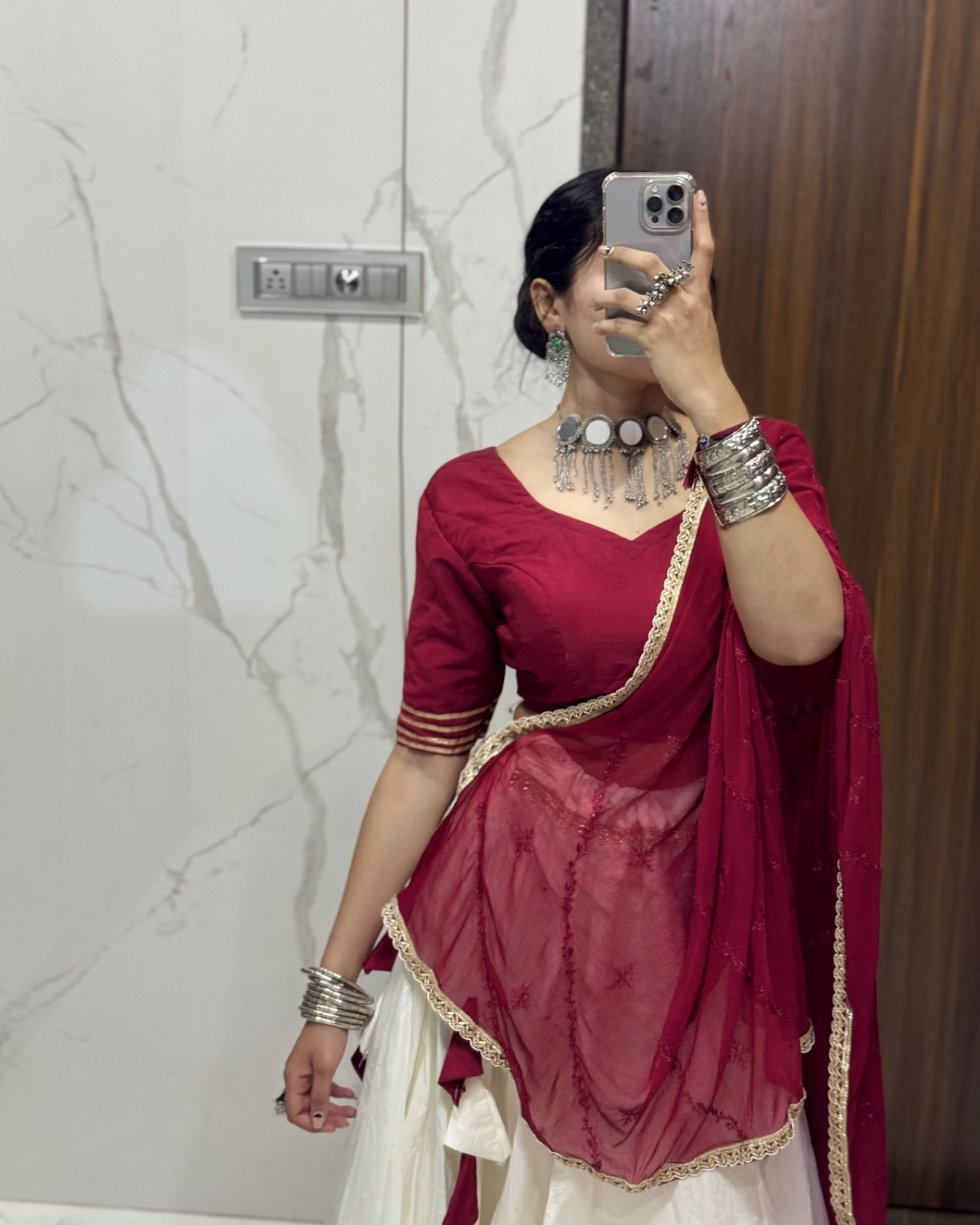 Navratri Special Maroon Blouse & White Flared Chaniya Choli Set | Traditional Mal Cotton Chaniya Choli with Embroidered Dupatta