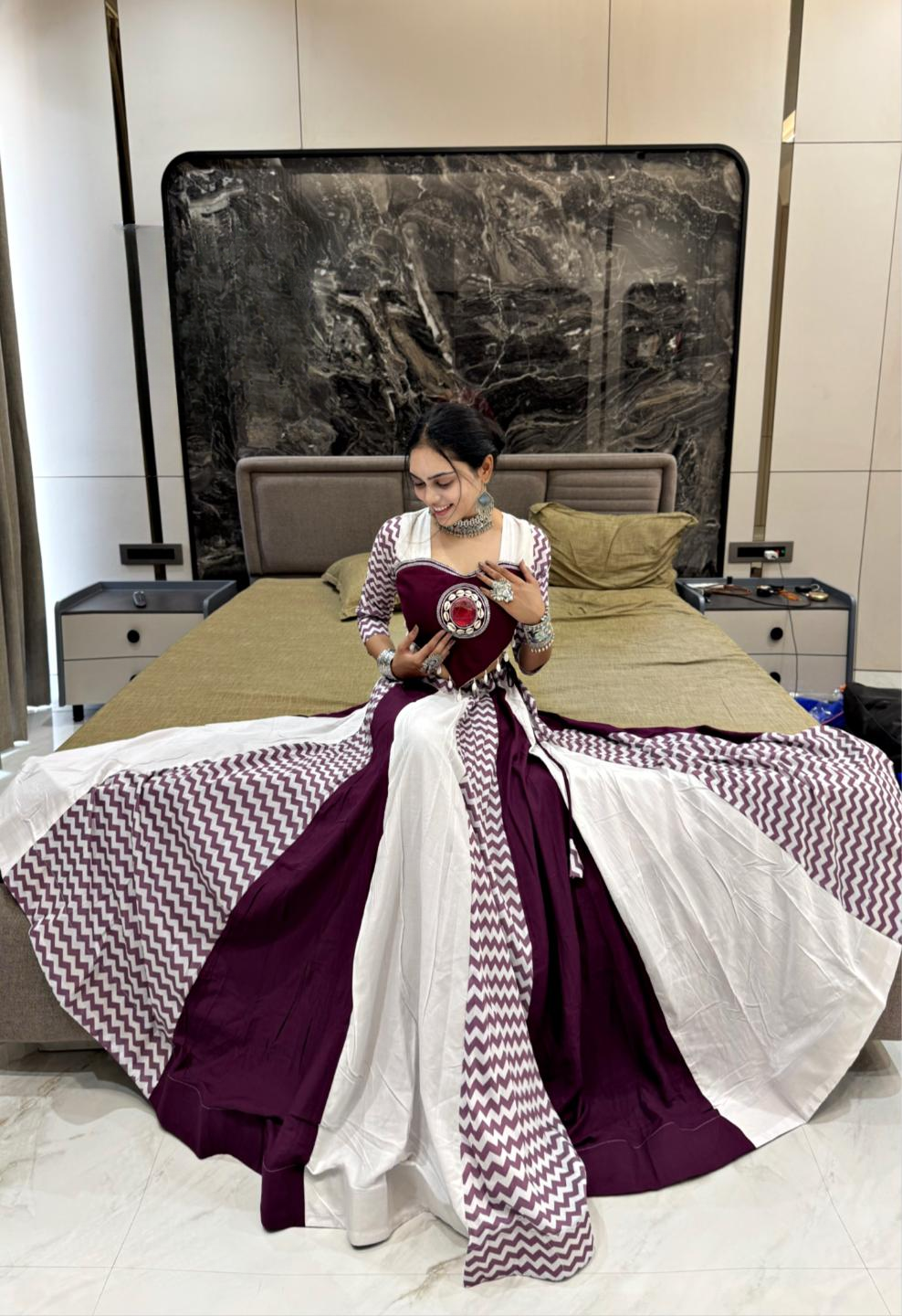 Navratri Special Cotton Chaniya Choli with Kodi & Mirror Work | Traditional Maroon & White Cotton Chaniya Choli Set | Navratri Style Mirror Work Chaniya Choli
