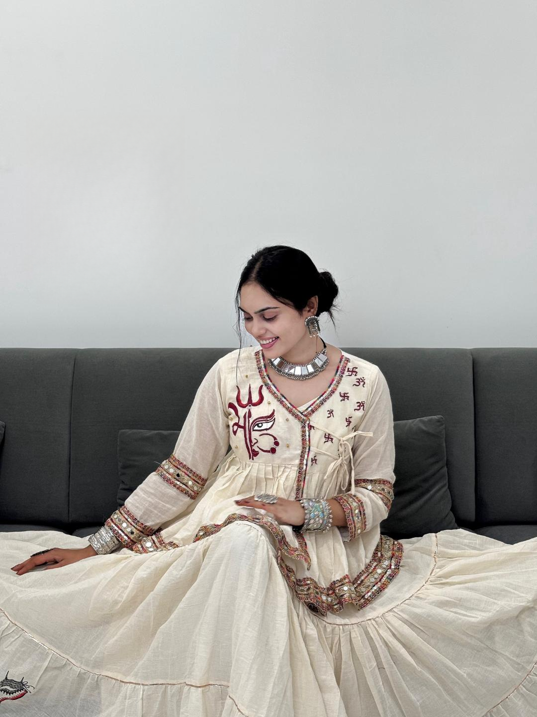 Off-White Kediyu Style Chaniya Choli Set with Maa Handprint & Mirror Laces | Traditional Handprinted Maa Durga Kediyu & Layered Skirt Set