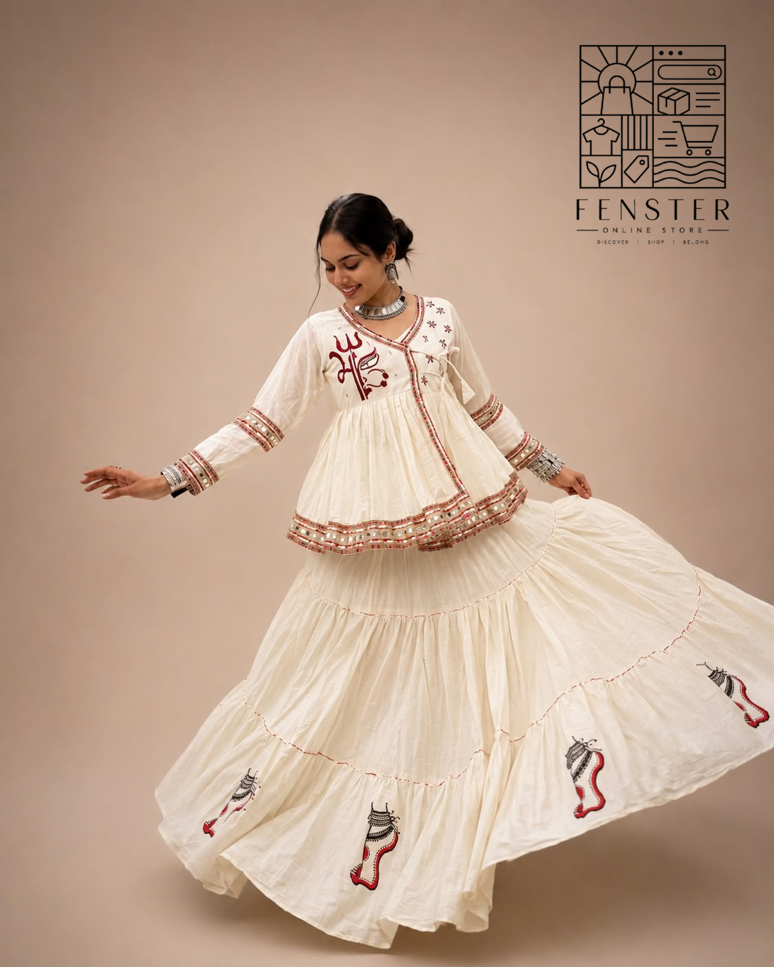 Off-White Kediyu Style Chaniya Choli Set with Maa Handprint & Mirror Laces | Traditional Handprinted Maa Durga Kediyu & Layered Skirt Set