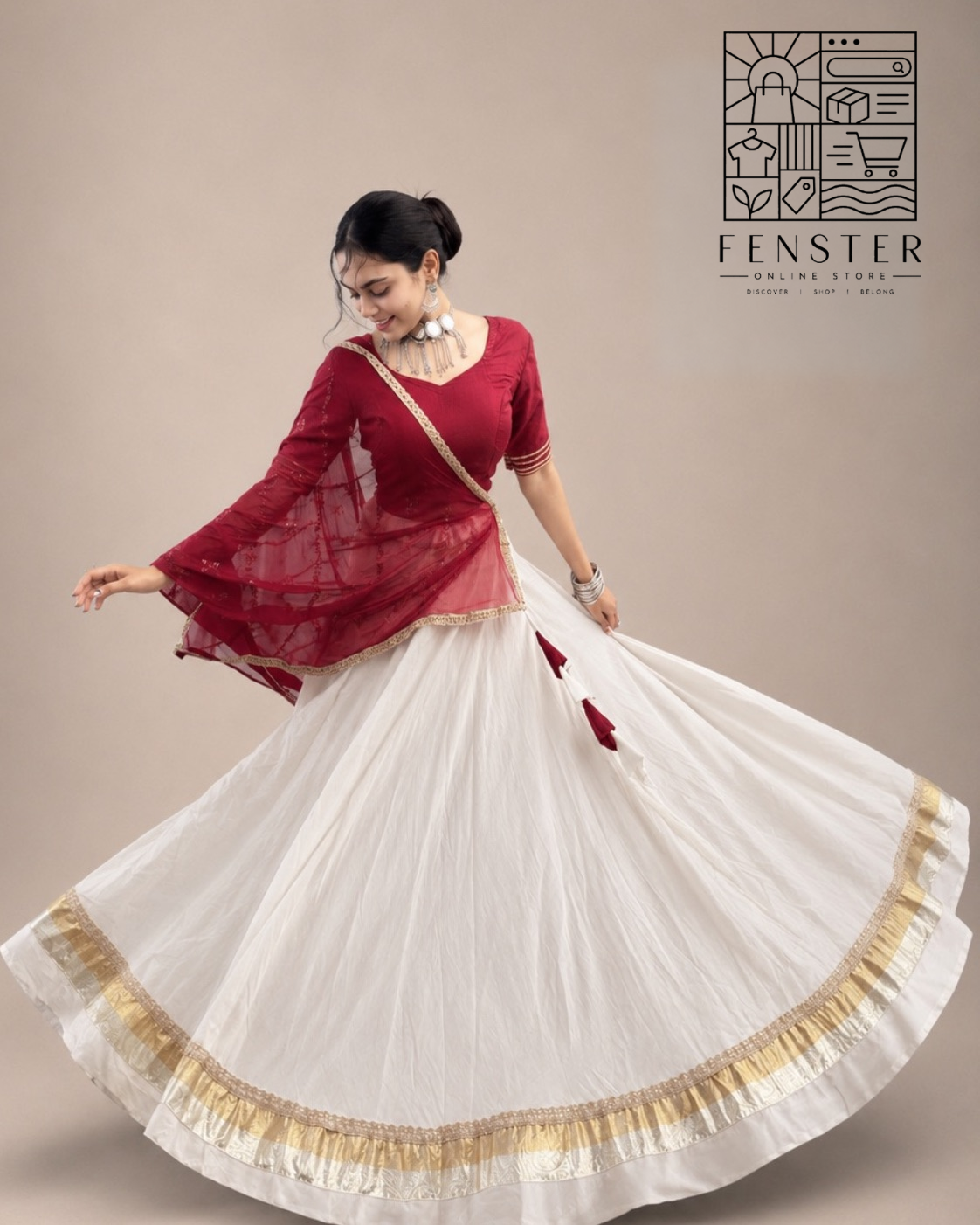 Navratri Special Maroon Blouse & White Flared Chaniya Choli Set | Traditional Mal Cotton Chaniya Choli with Embroidered Dupatta