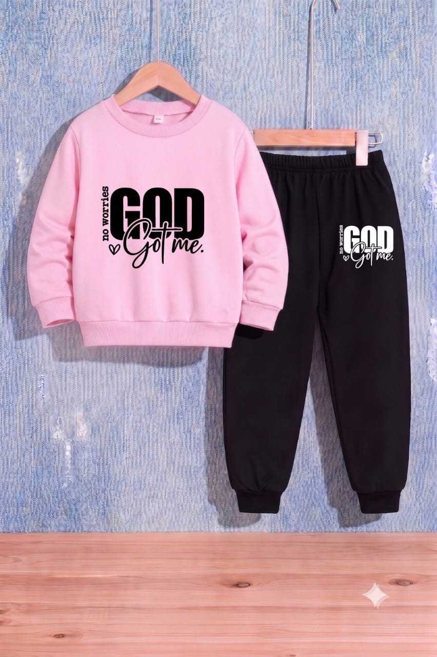Kids "GOD Got Me" Printed Pink Sweatshirt & Joggers Set