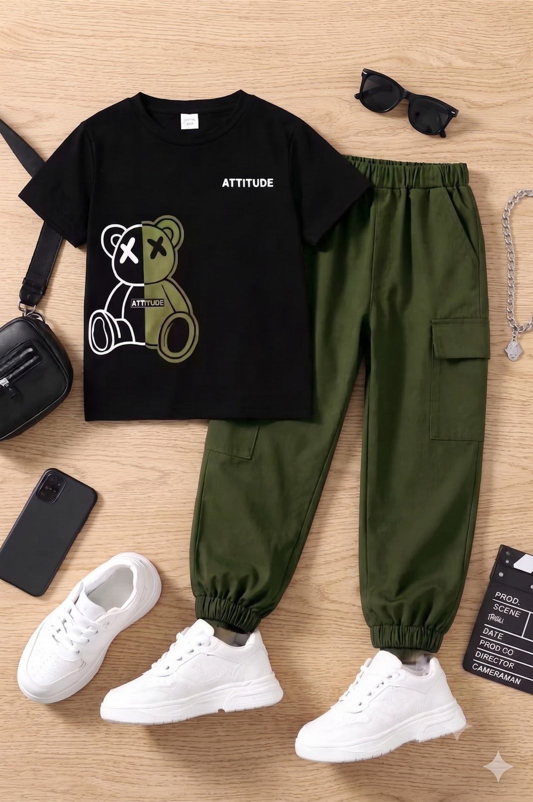 Boys Cool Teddy Bear Print T-Shirt with Olive Green Cargo Pants Set