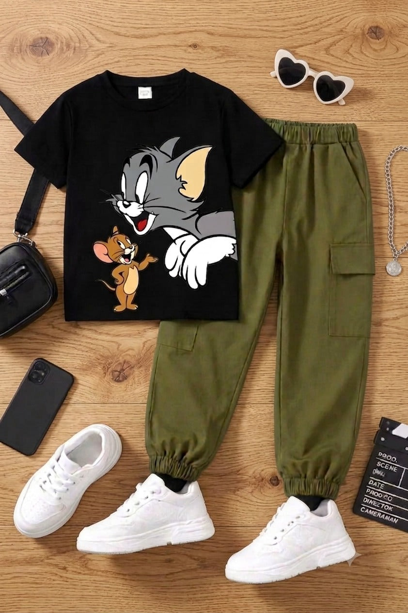 Kids Cartoon Printed Tom & Jerry Black T-Shirt & Olive Cargo Pants Set
